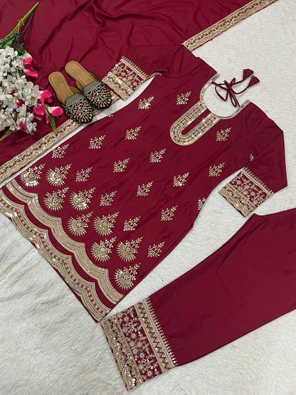 Designer Embroidery Work Marron Color Palazzo Suit