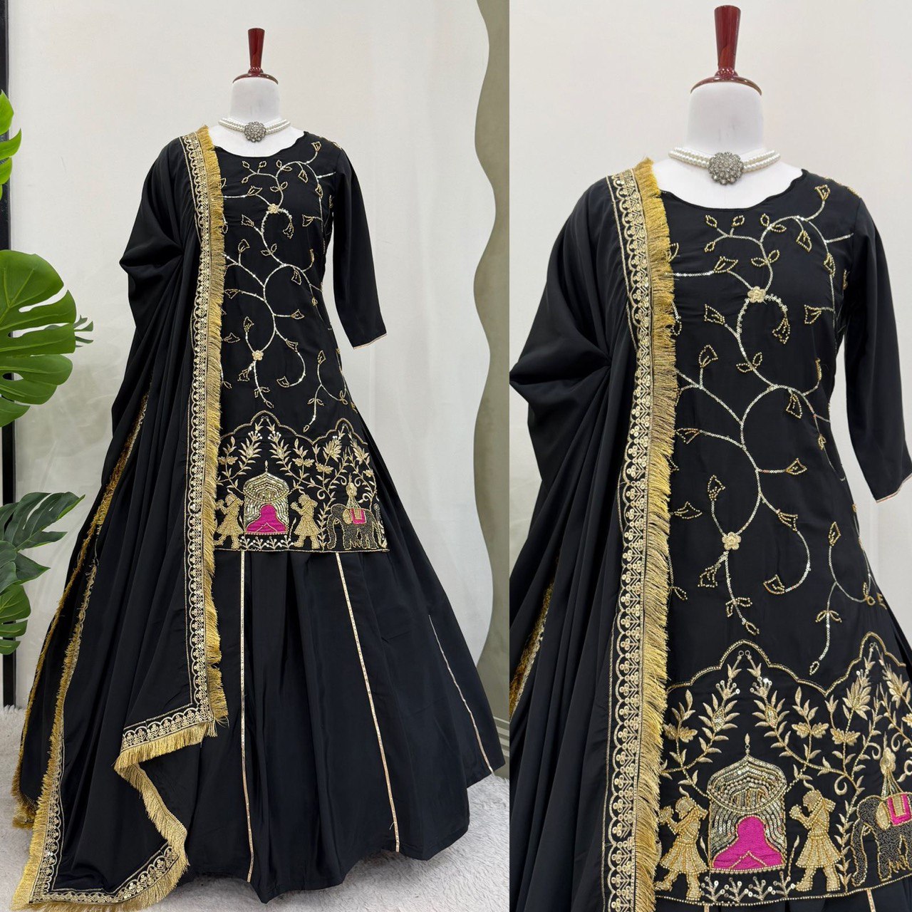 Beautiful Embroidery Work Black Color Top With Lehenga choli