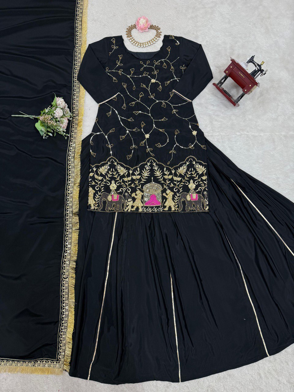 Beautiful Embroidery Work Black Color Top With Lehenga choli