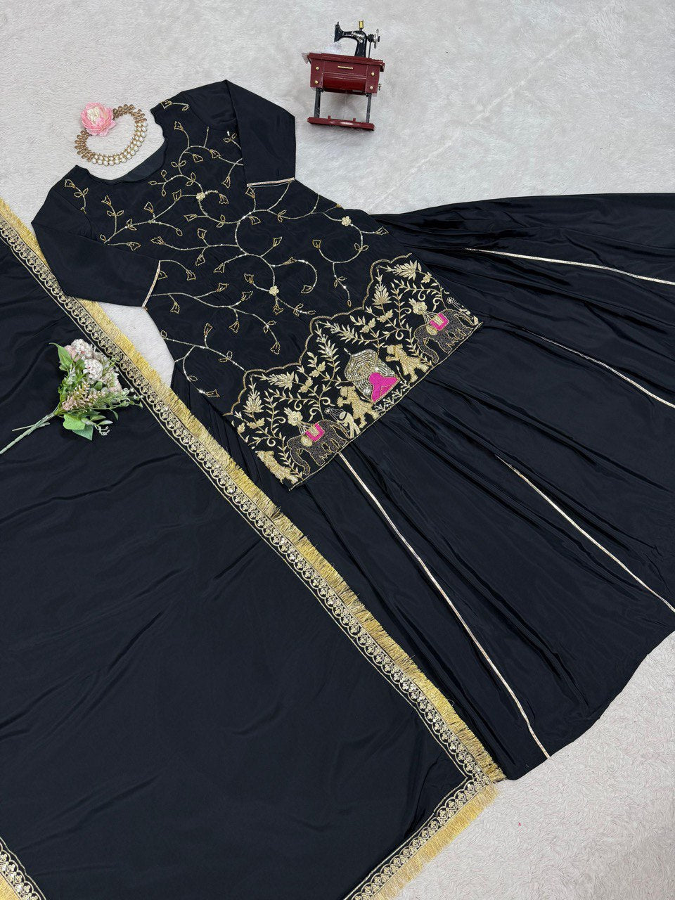 Beautiful Embroidery Work Black Color Top With Lehenga choli