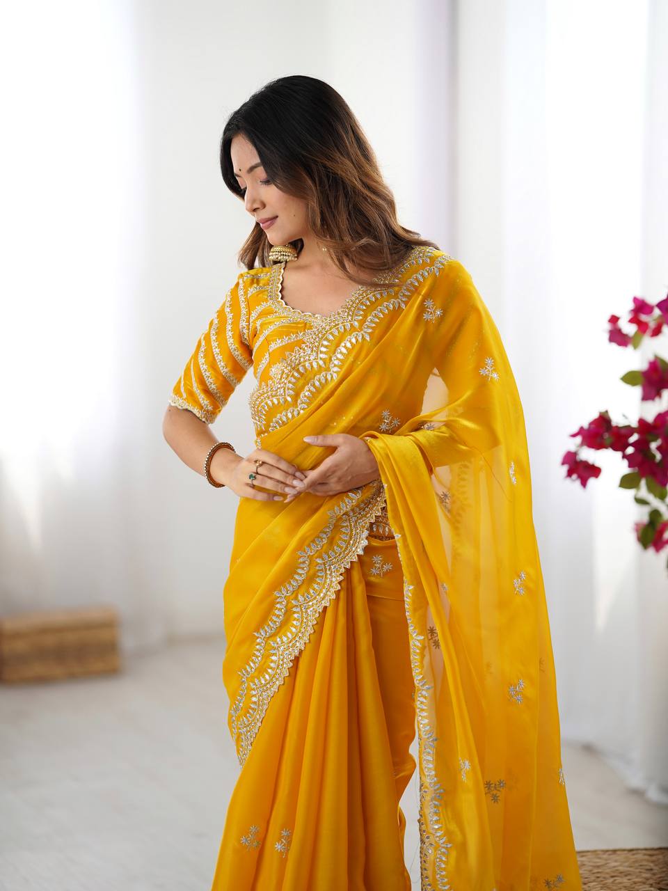 Lovely Heavy Work Yellow Color Saree