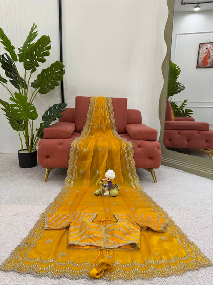 Lovely Heavy Work Yellow Color Saree