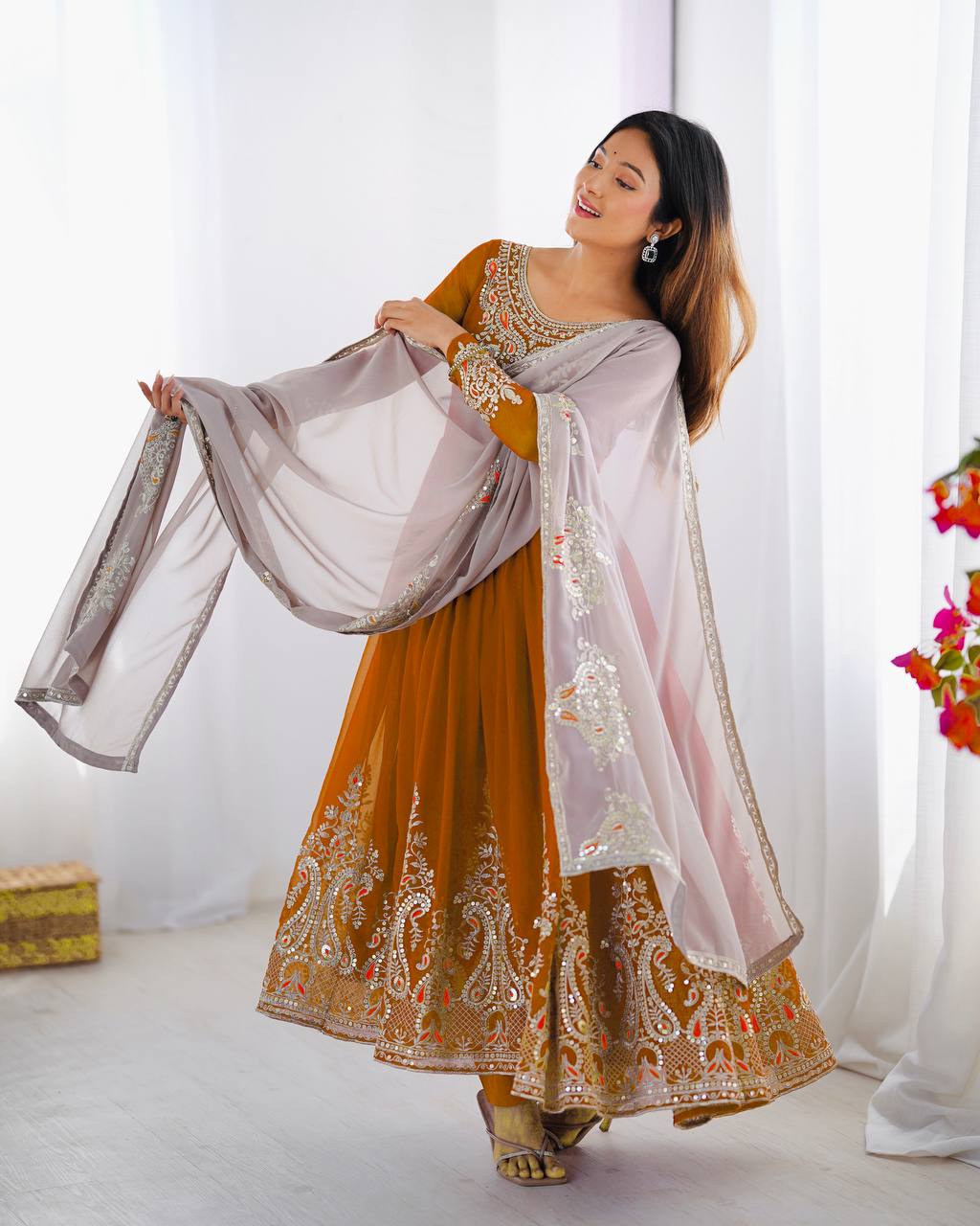 Imposing Orange Color Gown With White Dupatta