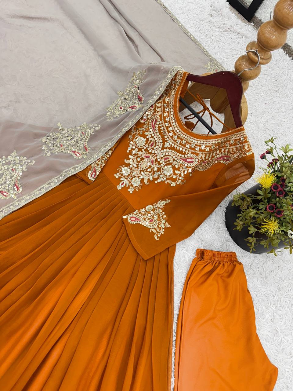 Imposing Orange Color Gown With White Dupatta