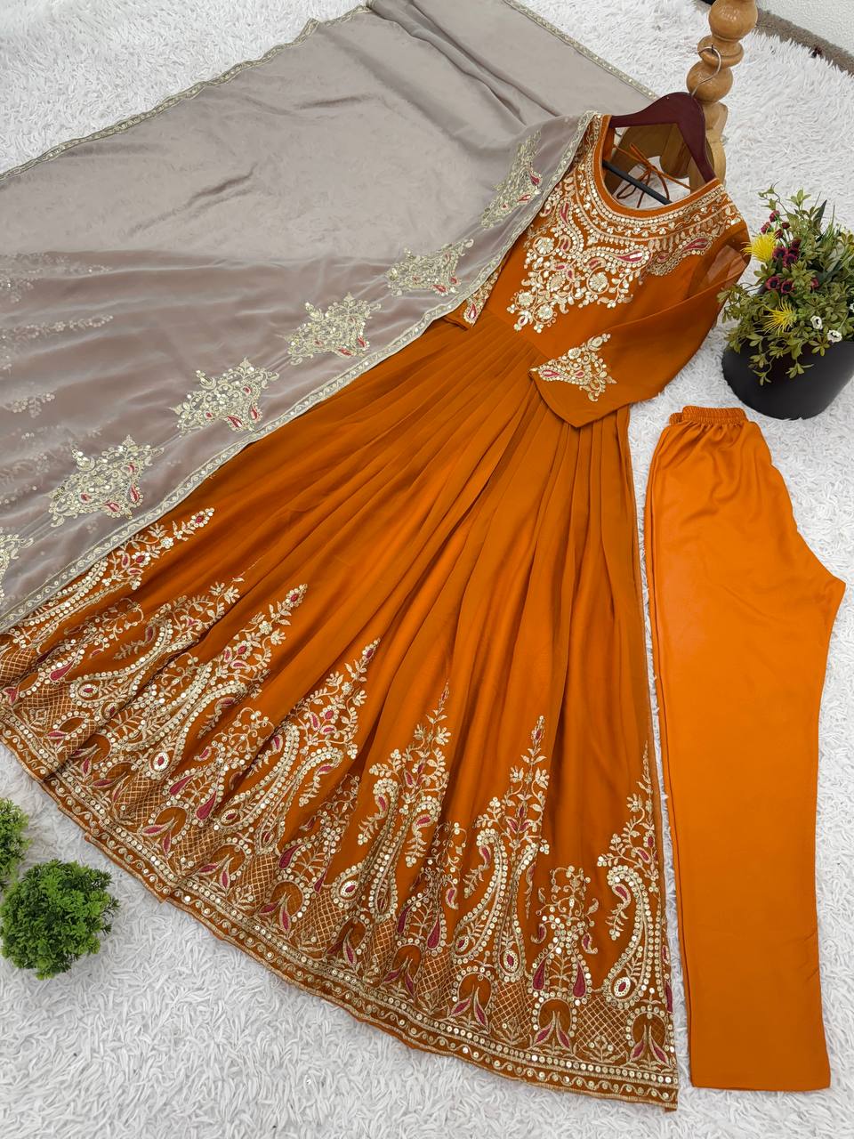 Imposing Orange Color Gown With White Dupatta