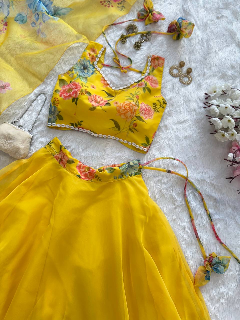 Haldi Wear Multi Flower Printed Yellow Color Lehenga Choli