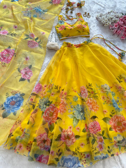 Haldi Wear Multi Flower Printed Yellow Color Lehenga Choli