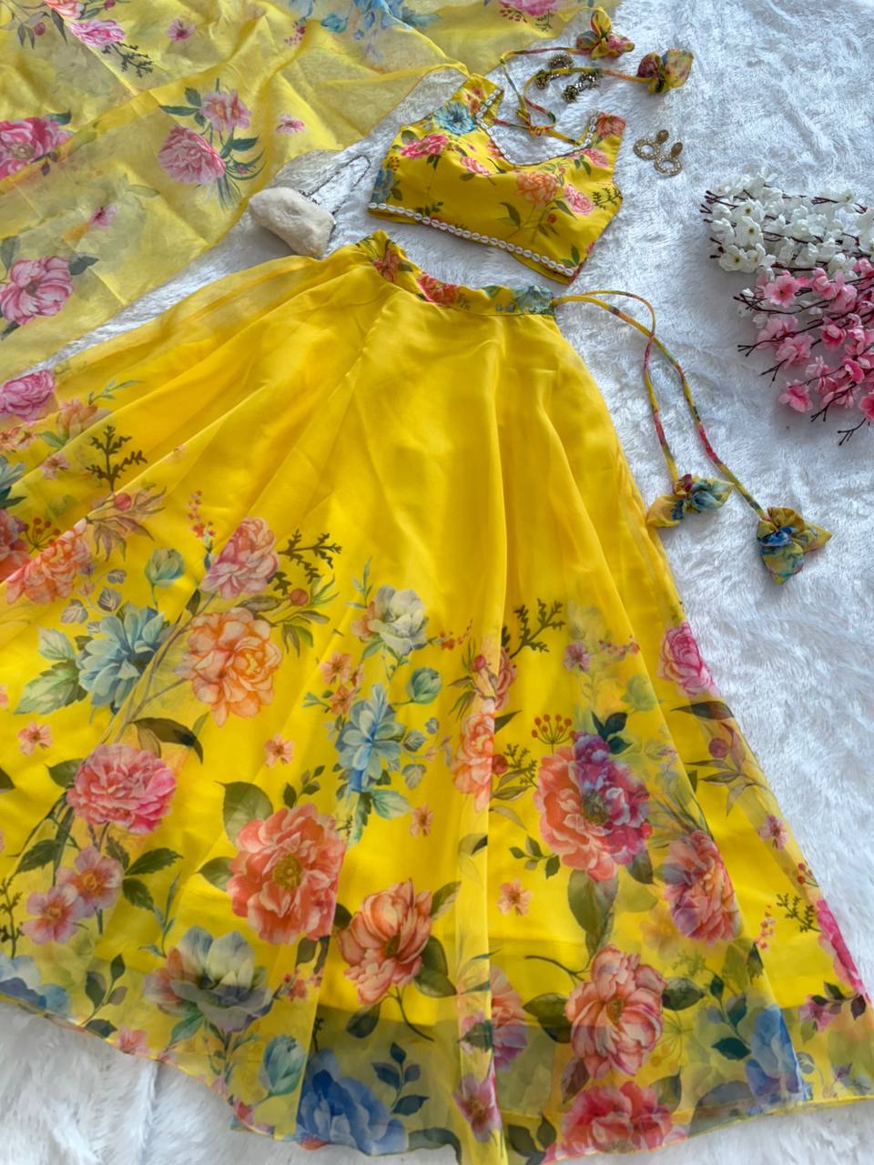 Haldi Wear Multi Flower Printed Yellow Color Lehenga Choli