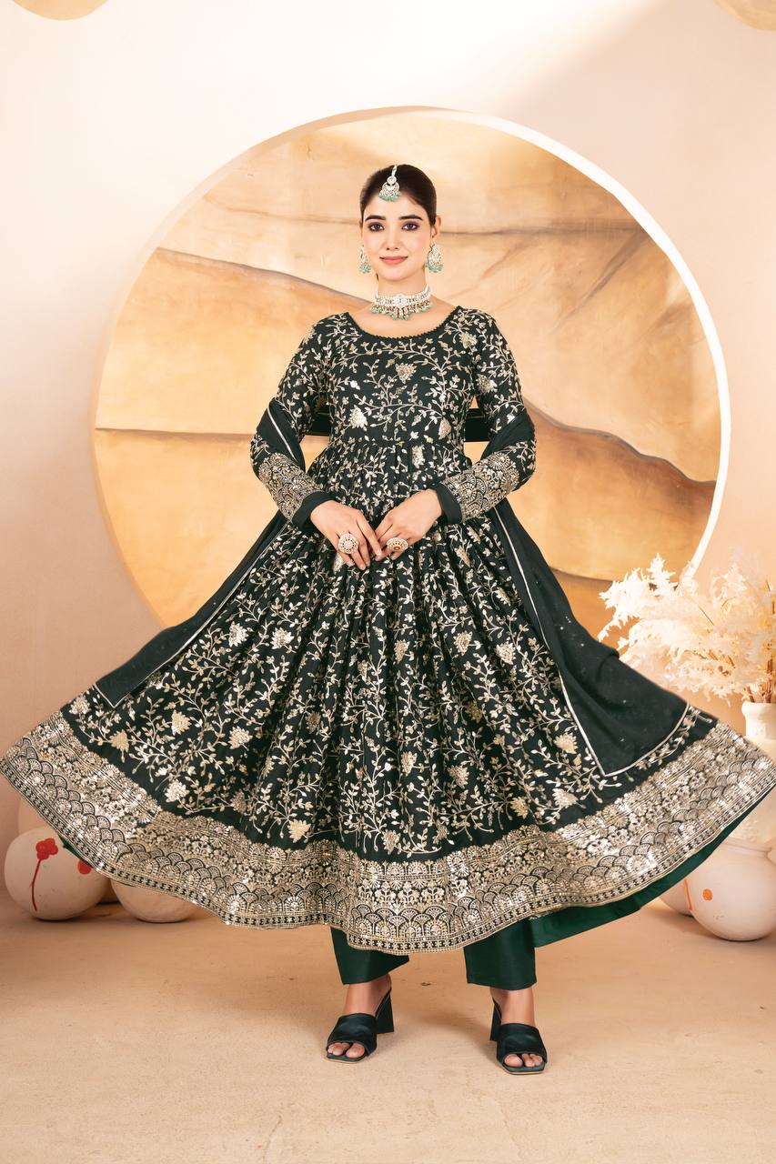 Function Wear Heavy Embroidered Work Green Color Anarkali Gown