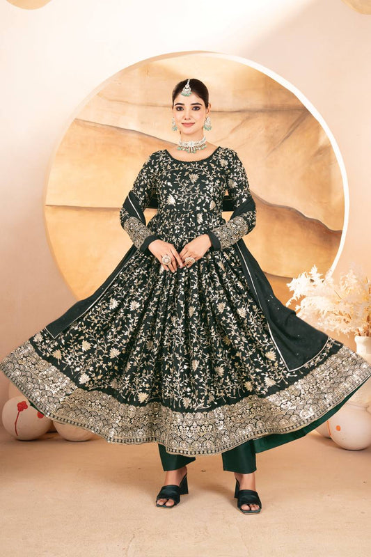 Function Wear Heavy Embroidered Work Green Color Anarkali Gown