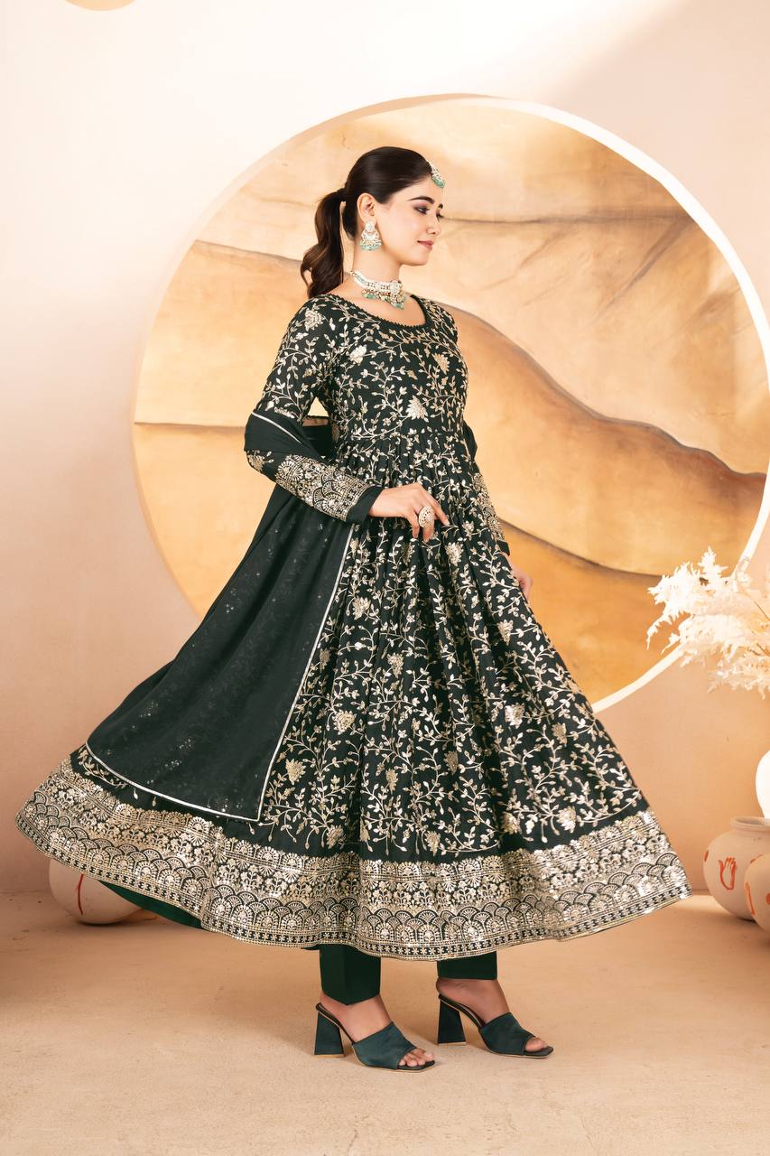Function Wear Heavy Embroidered Work Green Color Anarkali Gown