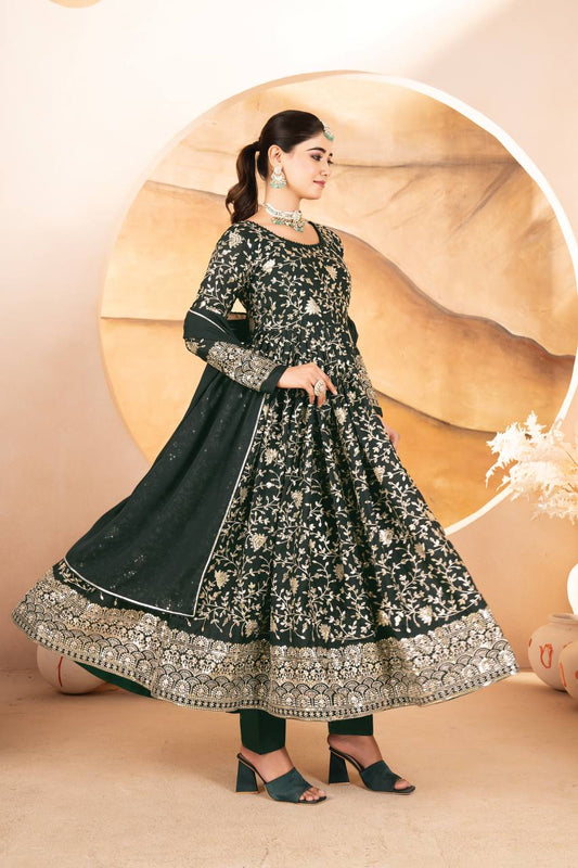 Function Wear Heavy Embroidered Work Green Color Anarkali Gown