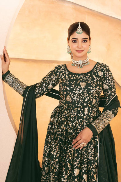 Function Wear Heavy Embroidered Work Green Color Anarkali Gown