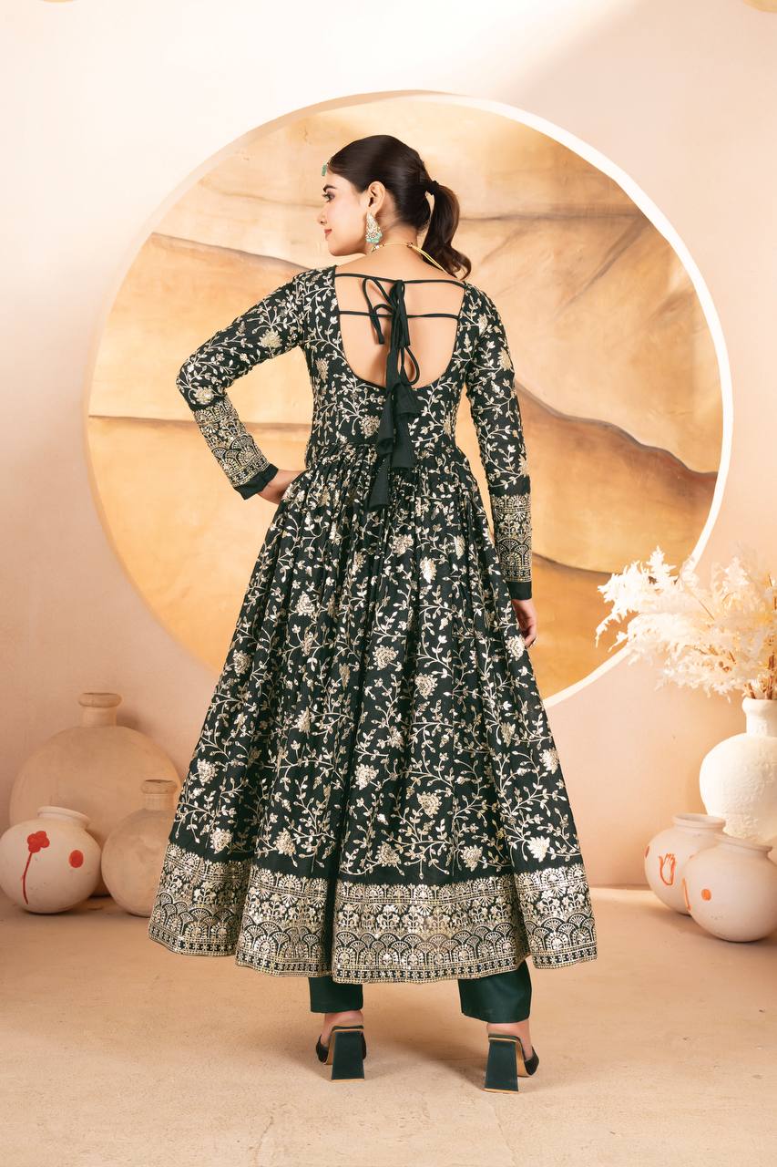 Function Wear Heavy Embroidered Work Green Color Anarkali Gown