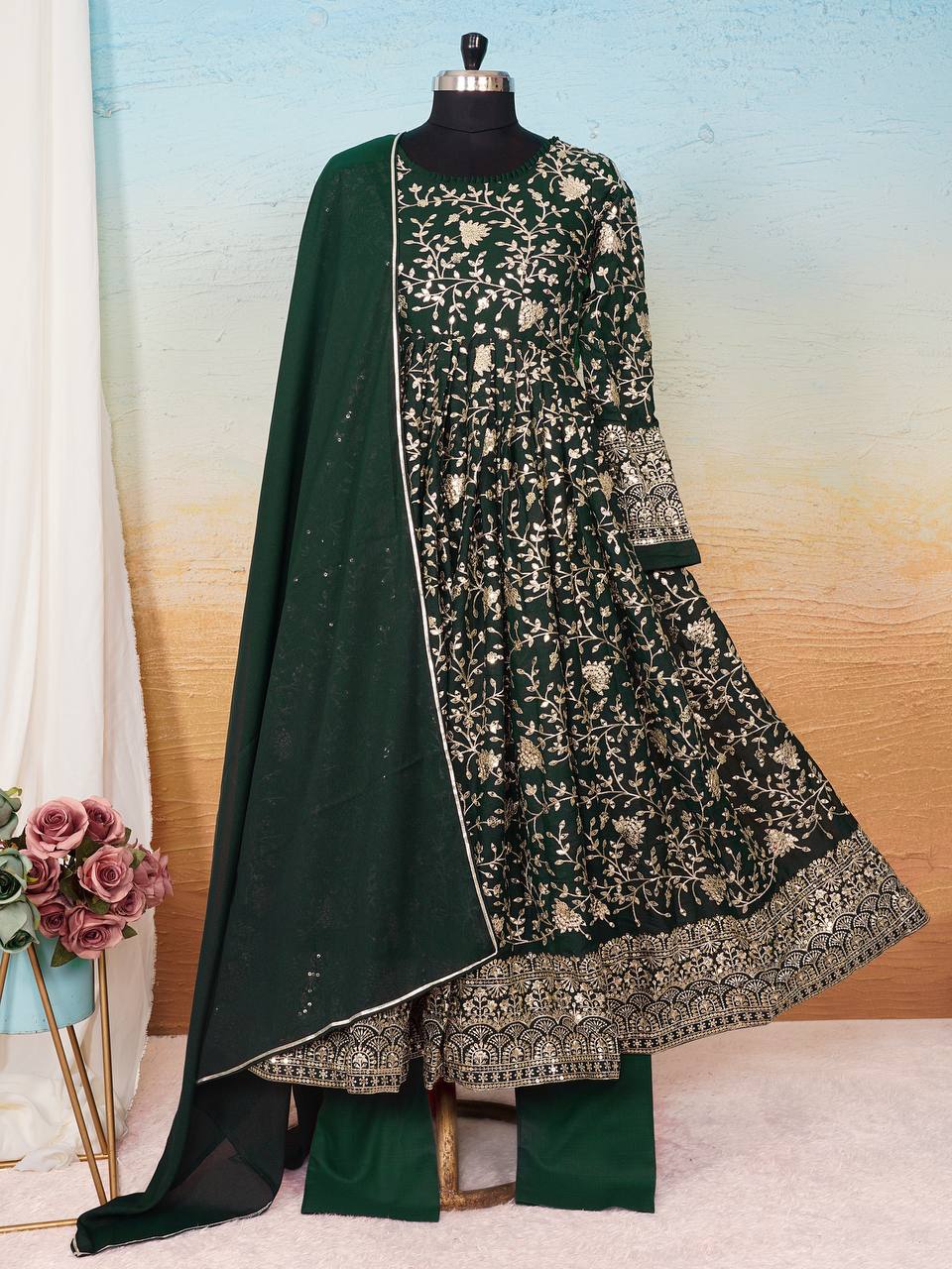 Function Wear Heavy Embroidered Work Green Color Anarkali Gown