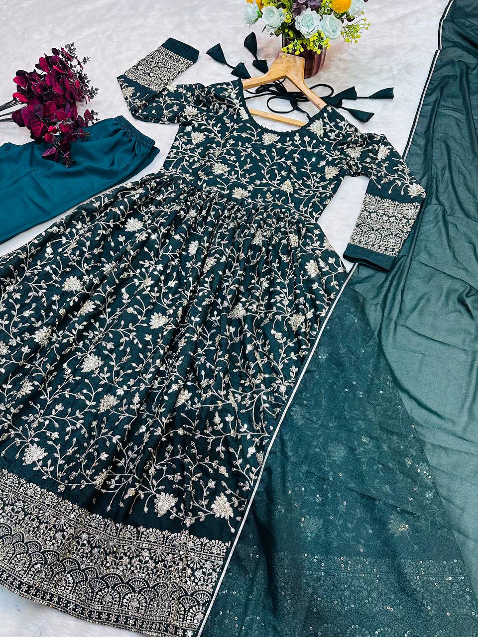 Function Wear Heavy Embroidered Work Green Color Anarkali Gown