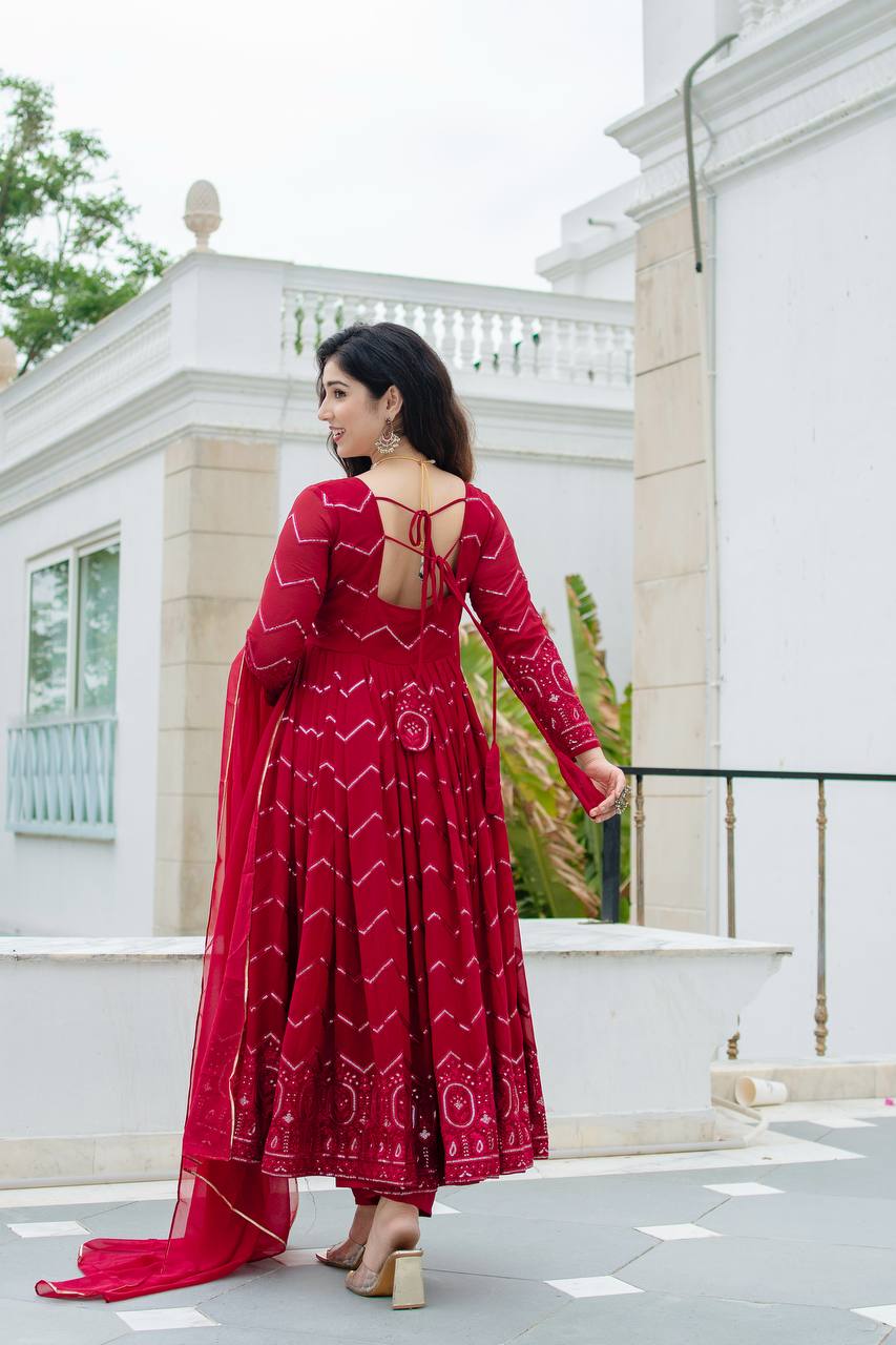 Party Wear Embroidery Work Red Color Anarkali Suit