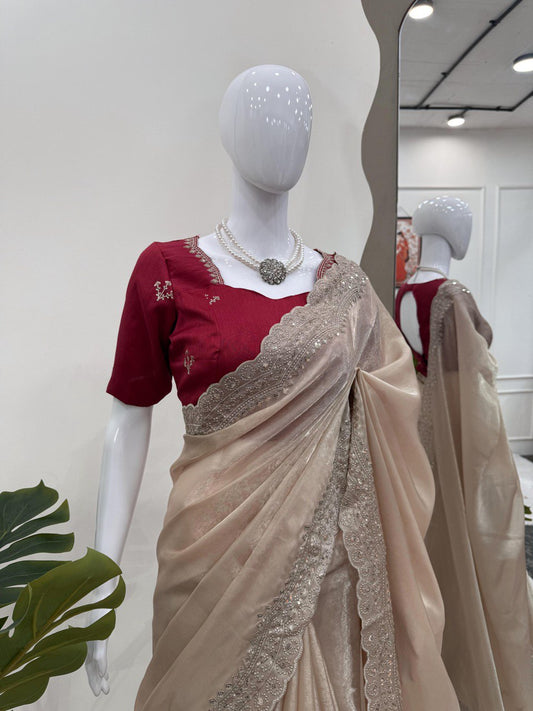 Party Wear Sequence Work Off White Color Saree