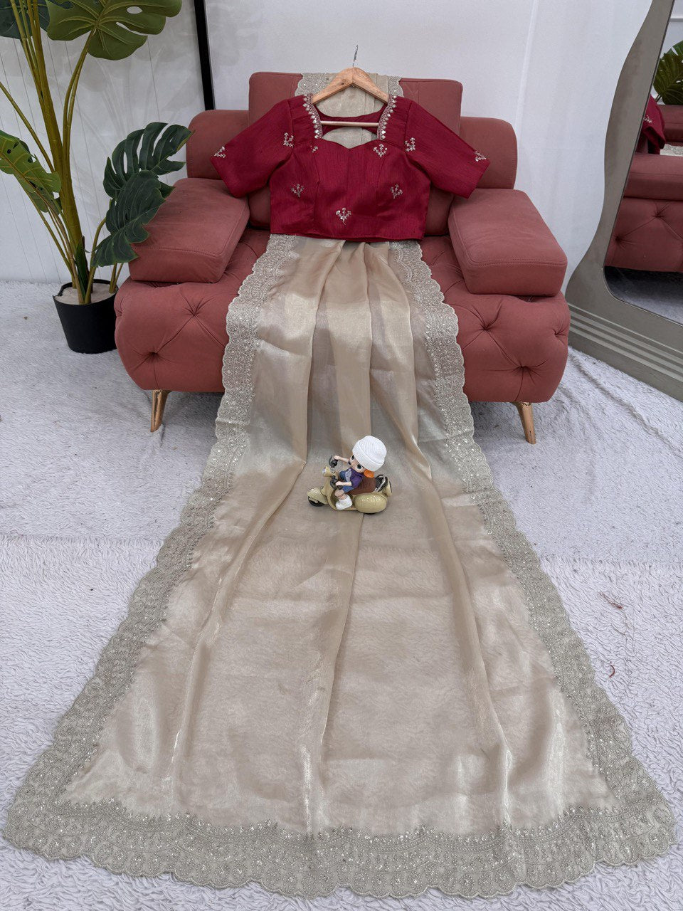 Party Wear Sequence Work Off White Color Saree