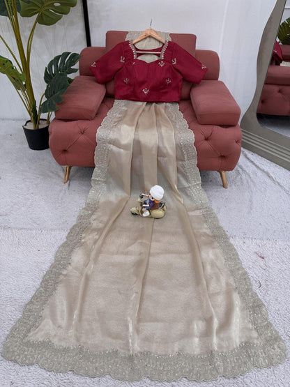 Party Wear Sequence Work Off White Color Saree