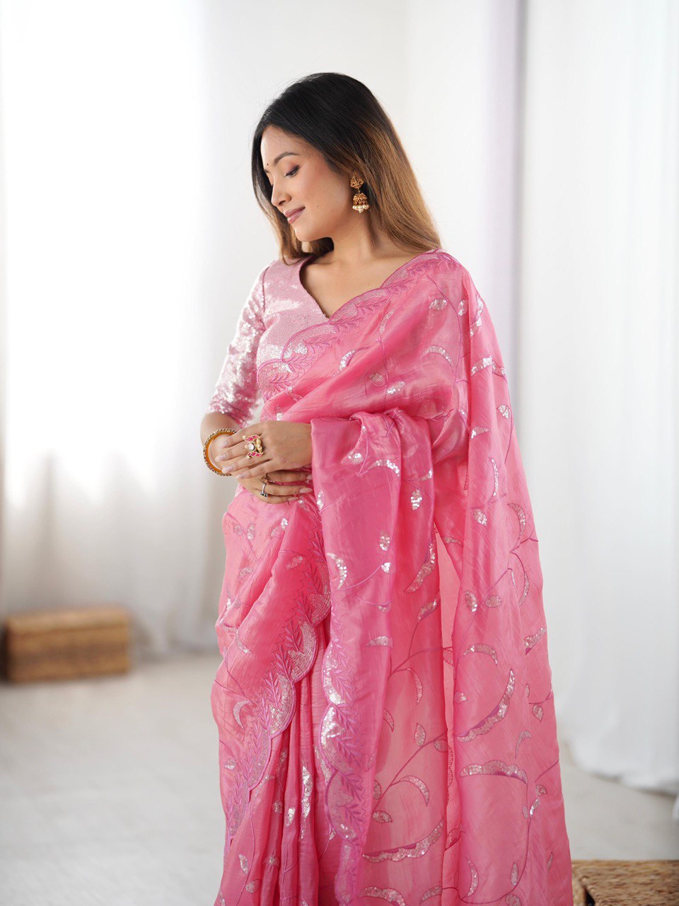 Beautiful Gold Crush Pink Saree