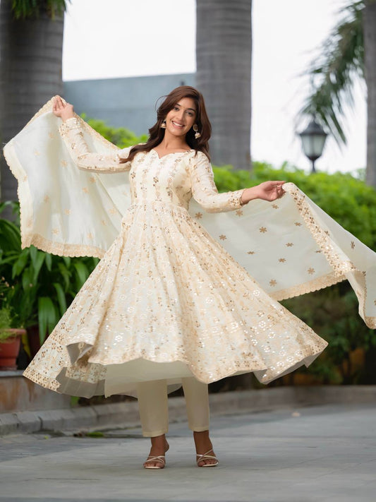 Occasion Wear Heavy Work White Color Anarkali Gown