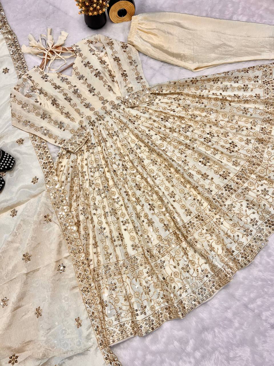 Occasion Wear Heavy Work White Color Anarkali Gown