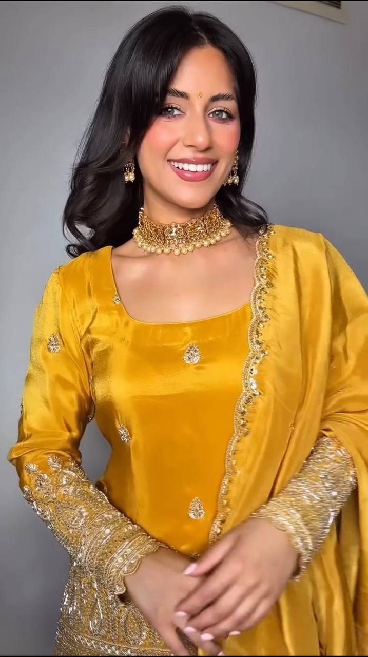 Classy Heavy Sequence Work Yellow Color Sharara Suit