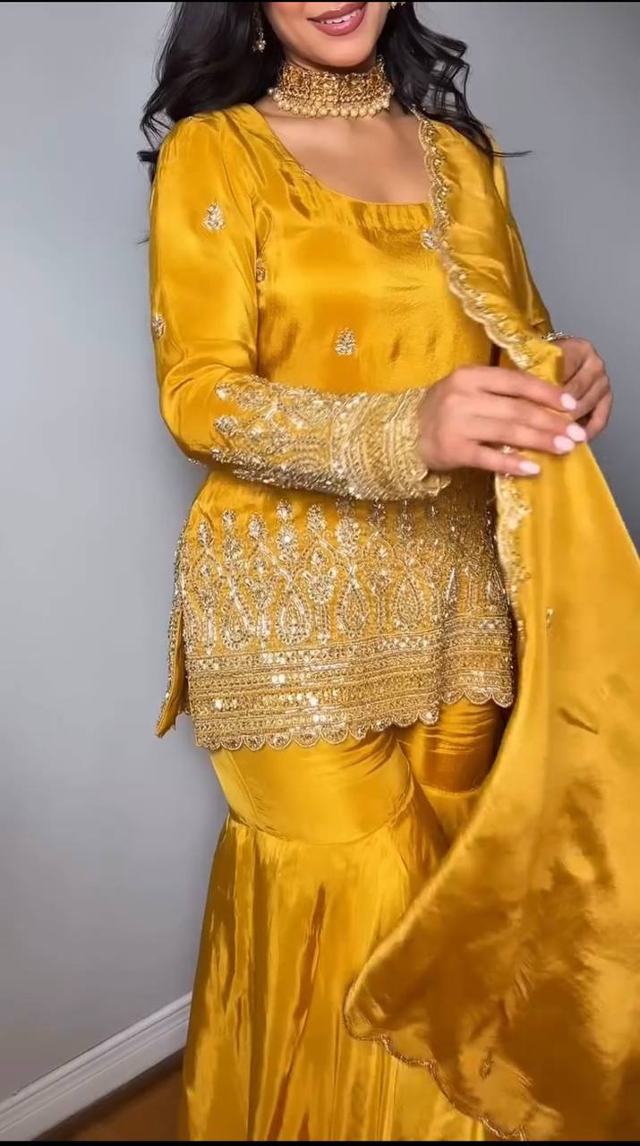 Classy Heavy Sequence Work Yellow Color Sharara Suit