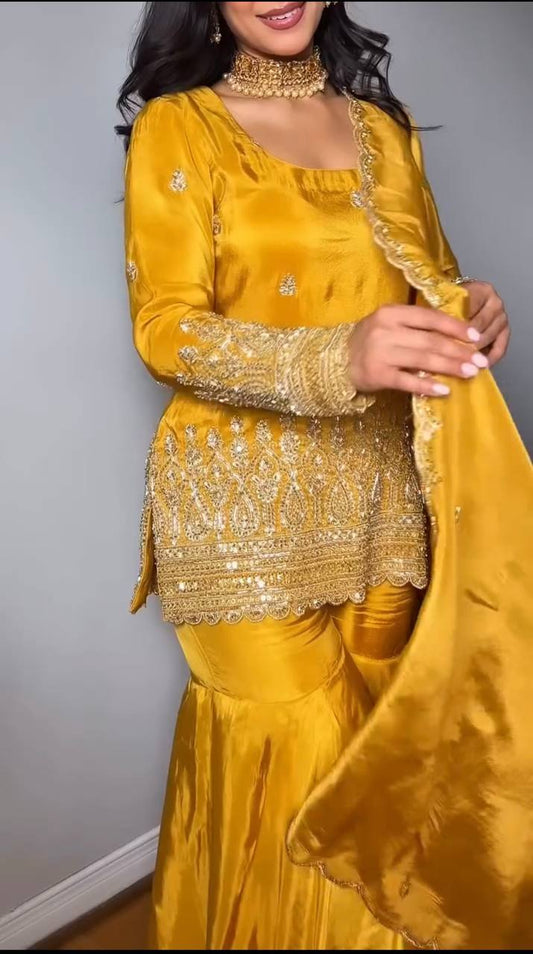 Classy Heavy Sequence Work Yellow Color Sharara Suit