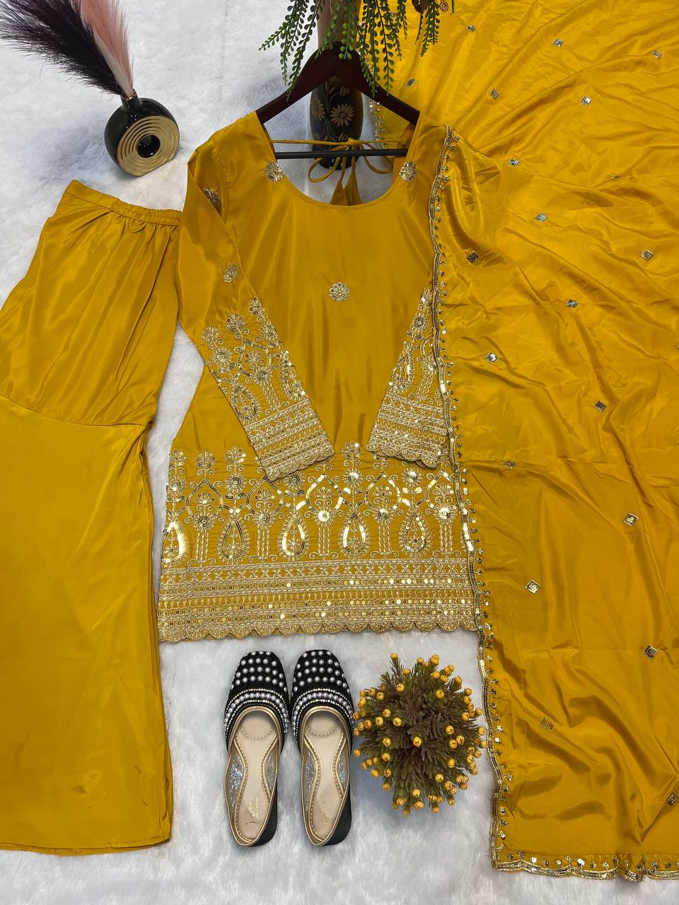 Classy Heavy Sequence Work Yellow Color Sharara Suit