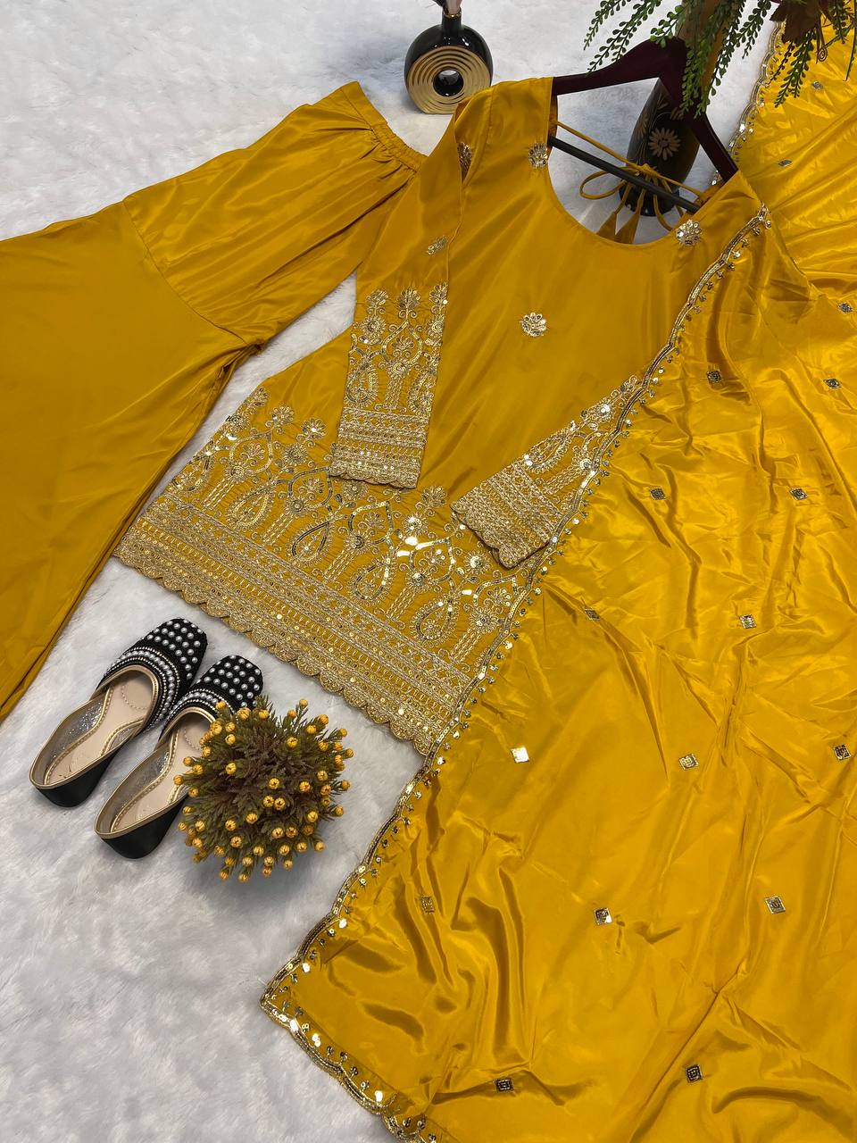 Classy Heavy Sequence Work Yellow Color Sharara Suit