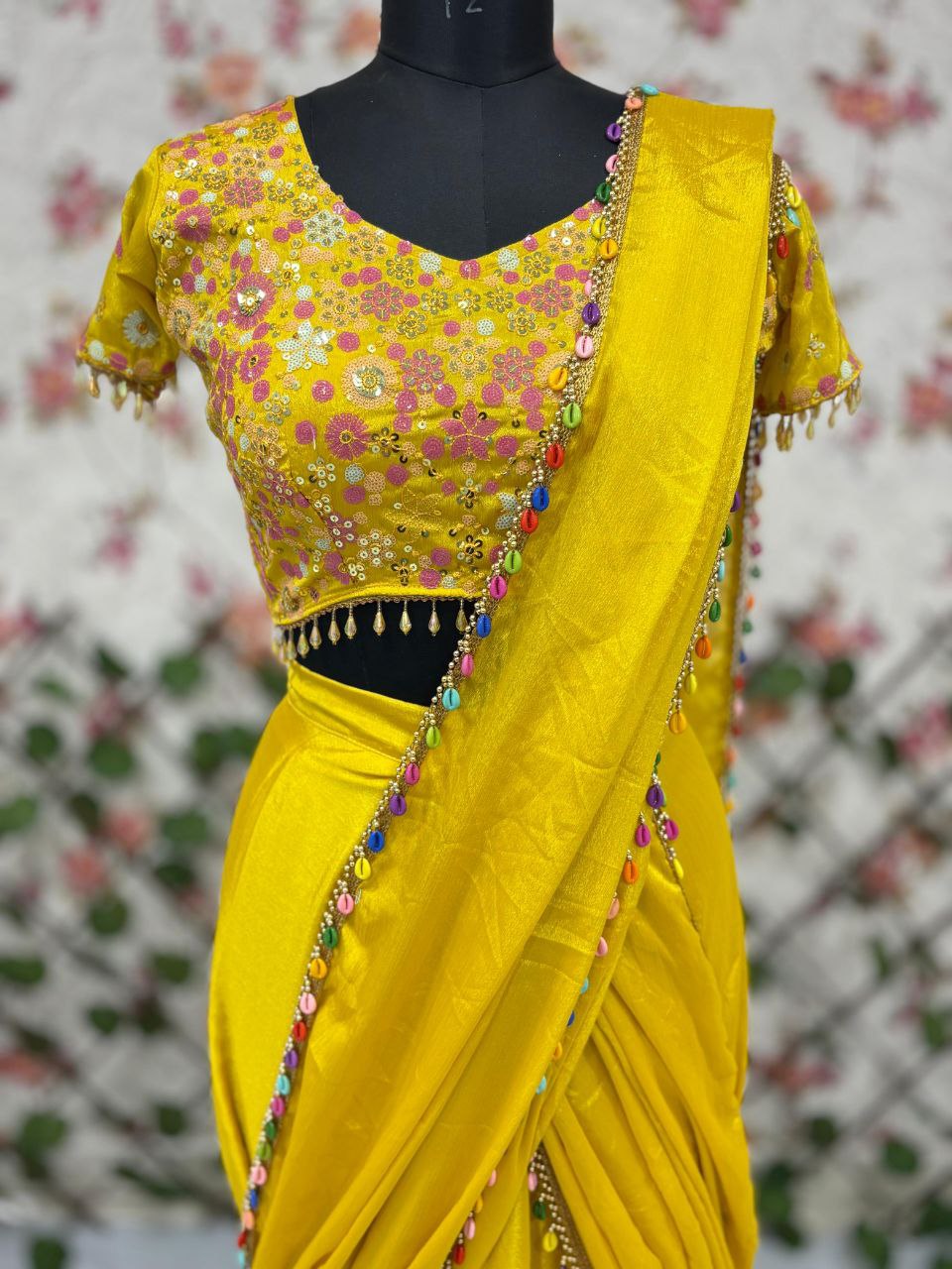 Haldi Wear Embroidery Work Yellow Color Lehenga Saree