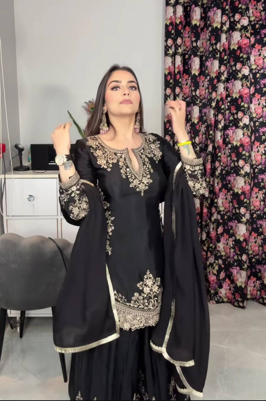 Designer Heavy Work Black Color Sharara Suit