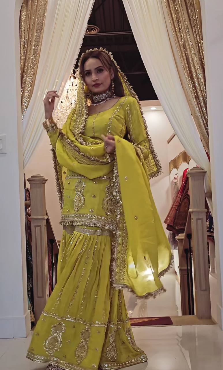 Occasion Wear Embroidery Work Mehendi Color Sharara Suit