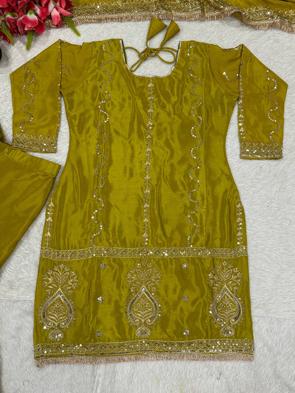 Occasion Wear Embroidery Work Mehendi Color Sharara Suit