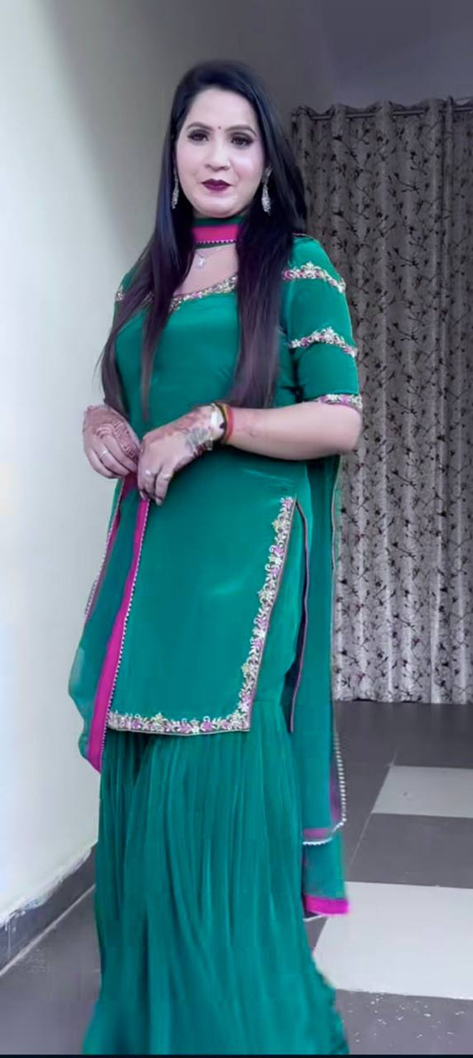 Elegant Embroidery Work Green Color Sharara Suit