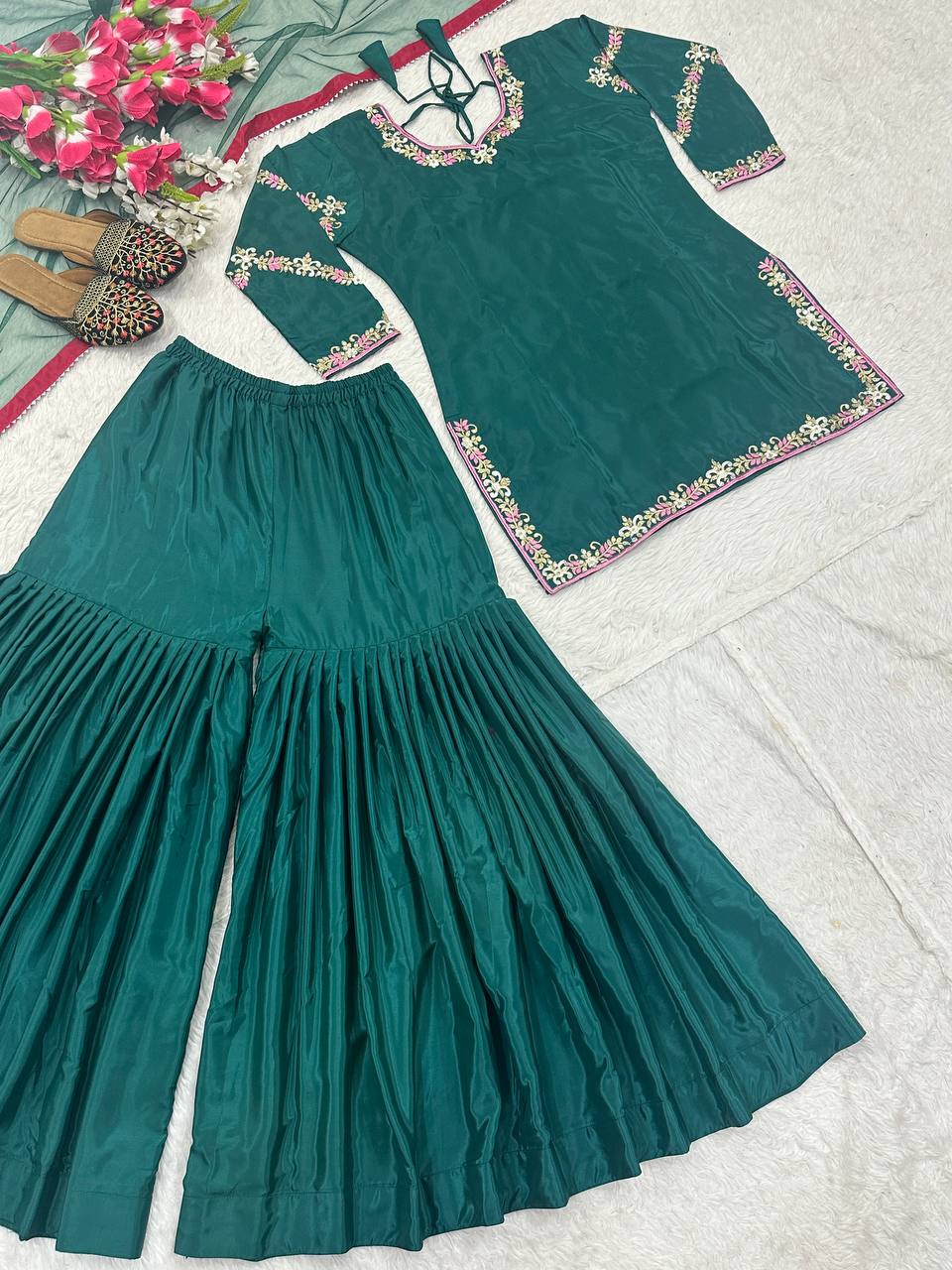 Elegant Embroidery Work Green Color Sharara Suit