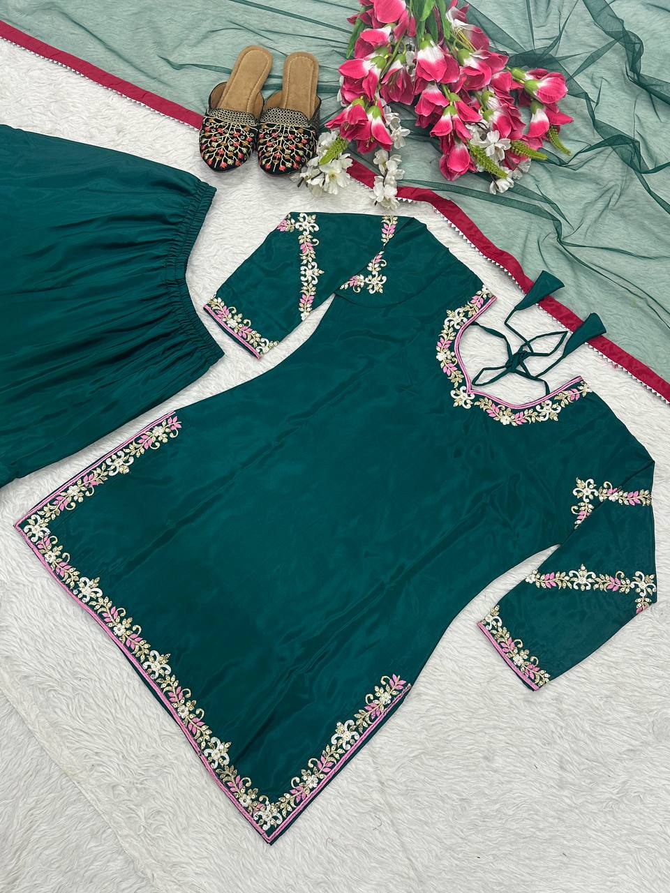 Elegant Embroidery Work Green Color Sharara Suit