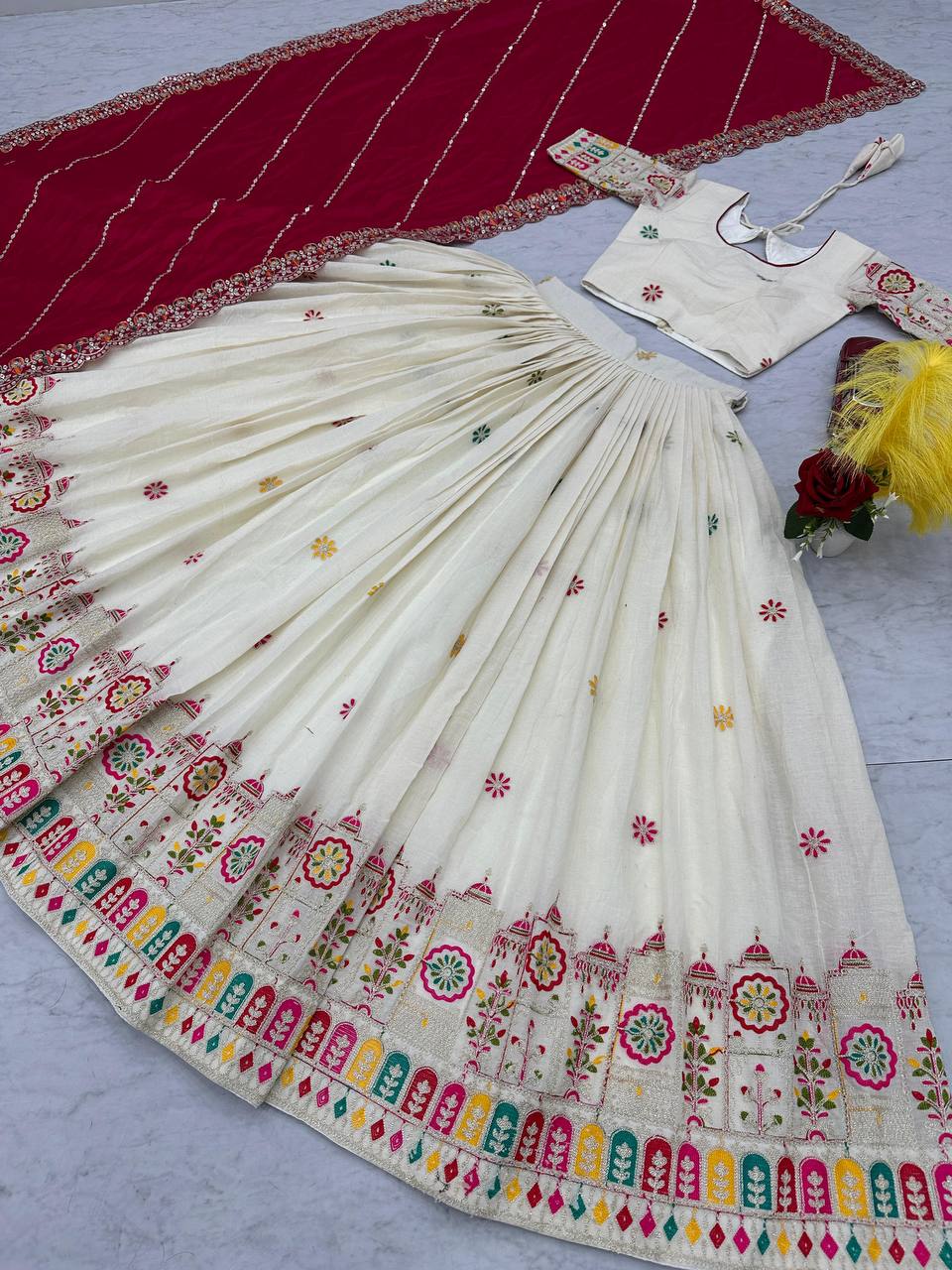 Traditional Wear Embroidery Work White Color Lehenga Choli