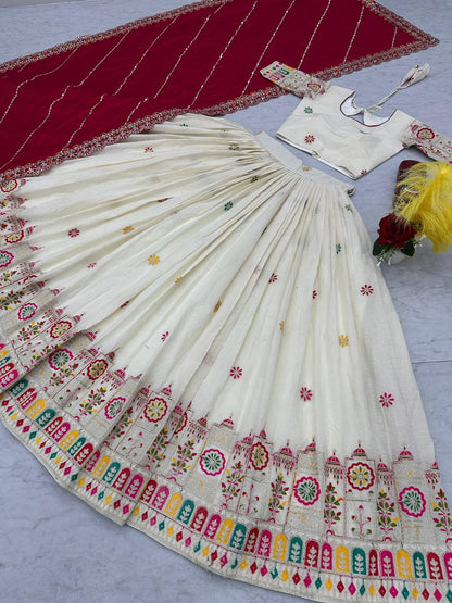 Traditional Wear Embroidery Work White Color Lehenga Choli