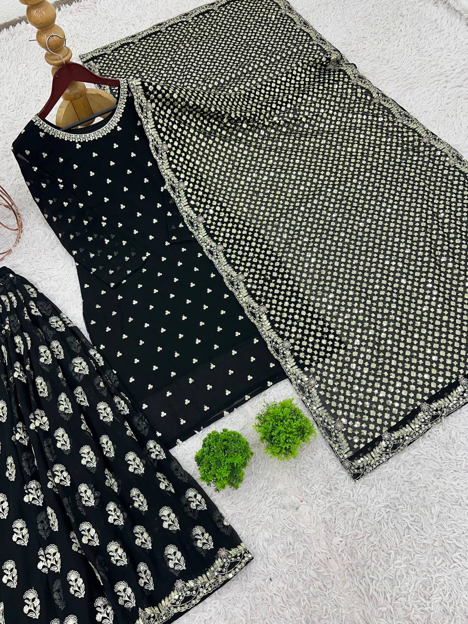 Shining Embroidery Work Black Color Sharara Suit