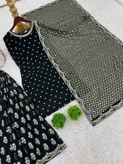 Shining Embroidery Work Black Color Sharara Suit