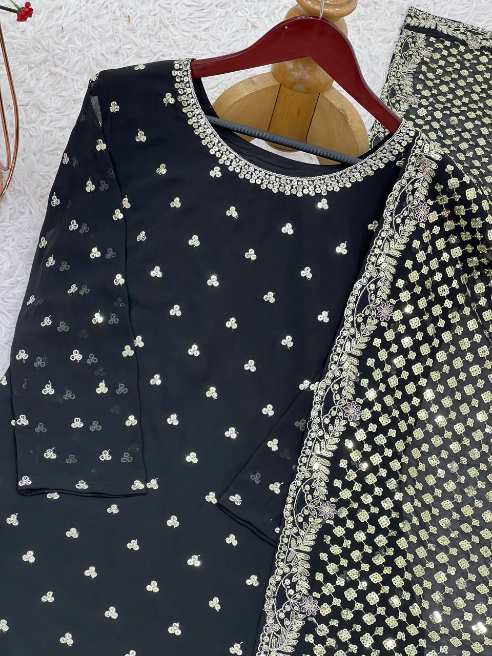 Shining Embroidery Work Black Color Sharara Suit
