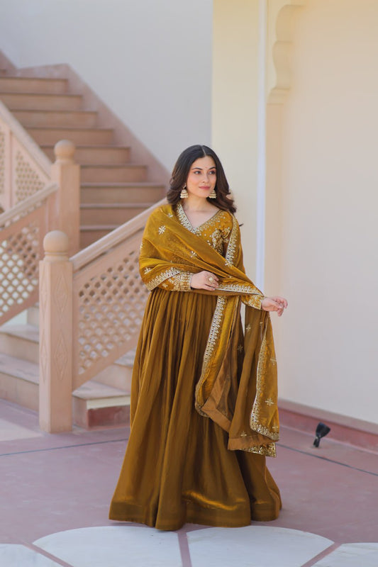 Function Wear Sequins Embroidered Work Mehendi Color Anarkali Suit