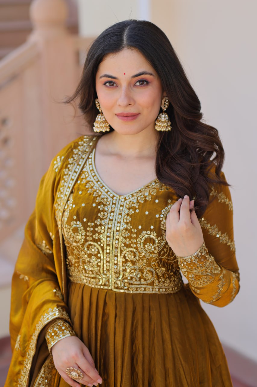 Function Wear Sequins Embroidered Work Mehendi Color Anarkali Suit