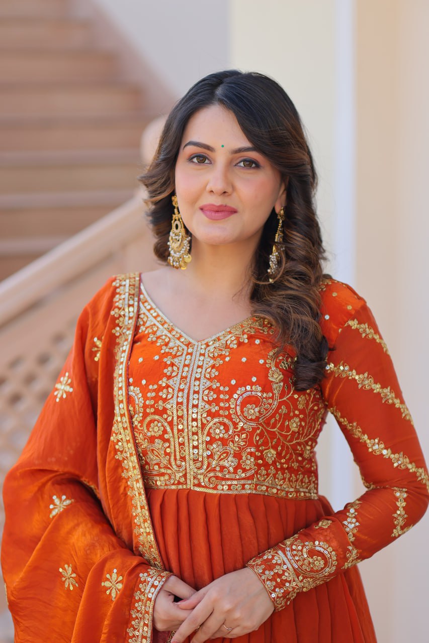 Function Wear Embroidered Work Orange Color Gown