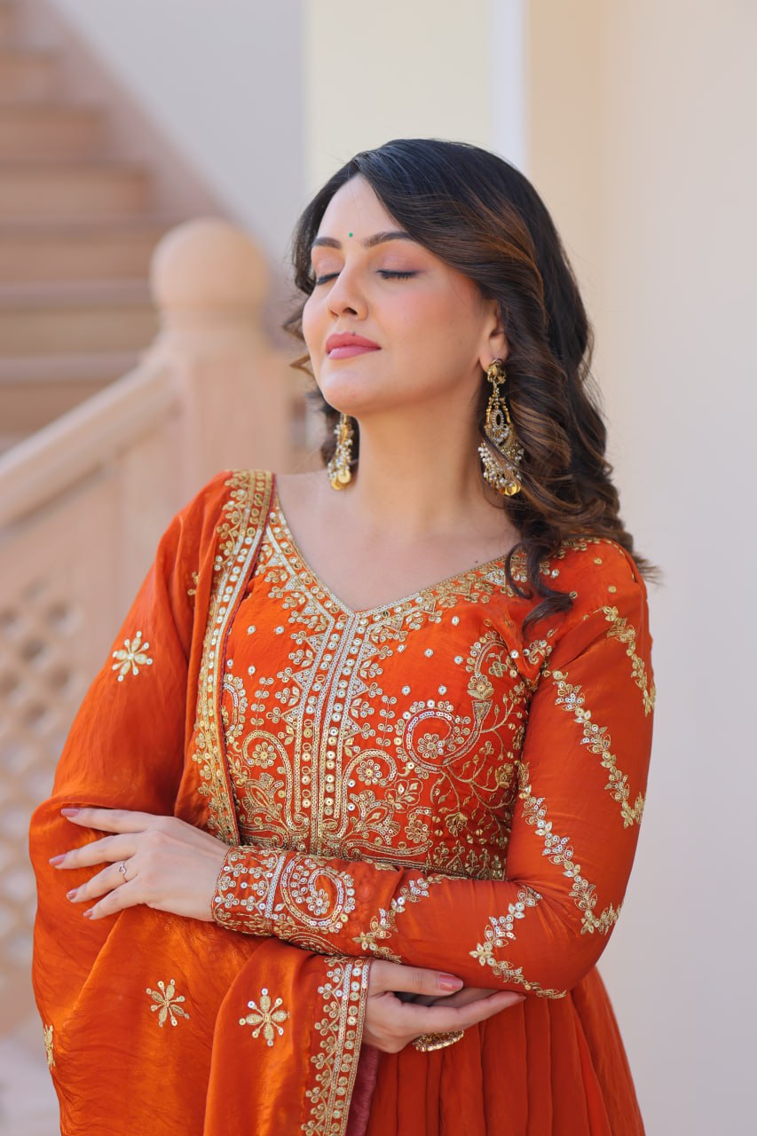 Function Wear Embroidered Work Orange Color Gown