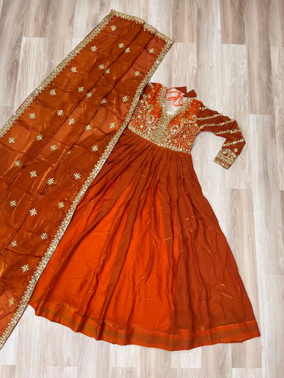 Function Wear Embroidered Work Orange Color Gown