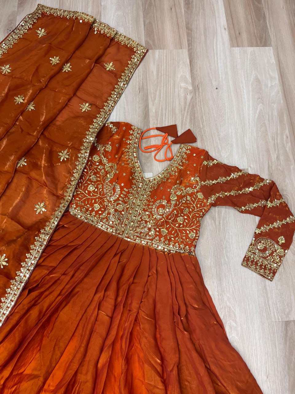 Function Wear Embroidered Work Orange Color Gown
